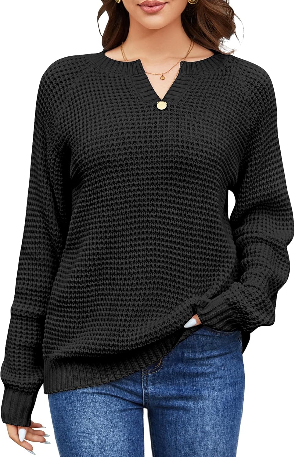 Womens Sweaters Casual Long Sleeve Waffle Knit V Neck Fall Trendy Crochet Ribbed Warm Pullover Sweater Tops