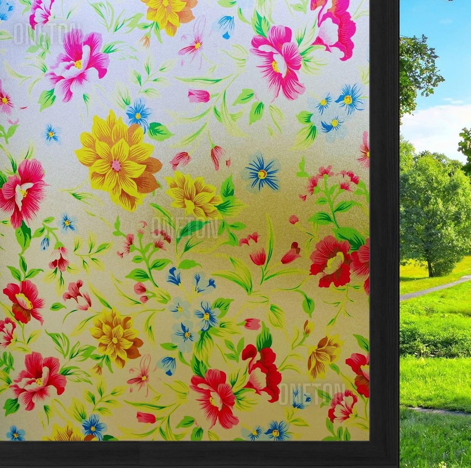 ONETON Premium Frosted Glass Window Film Self Adheisve Decoartive Window Privacy Sheet Film UV Control Static Cling Removable Vinyl Frosted Privacy Film Floral Window Film 16x68 Inch