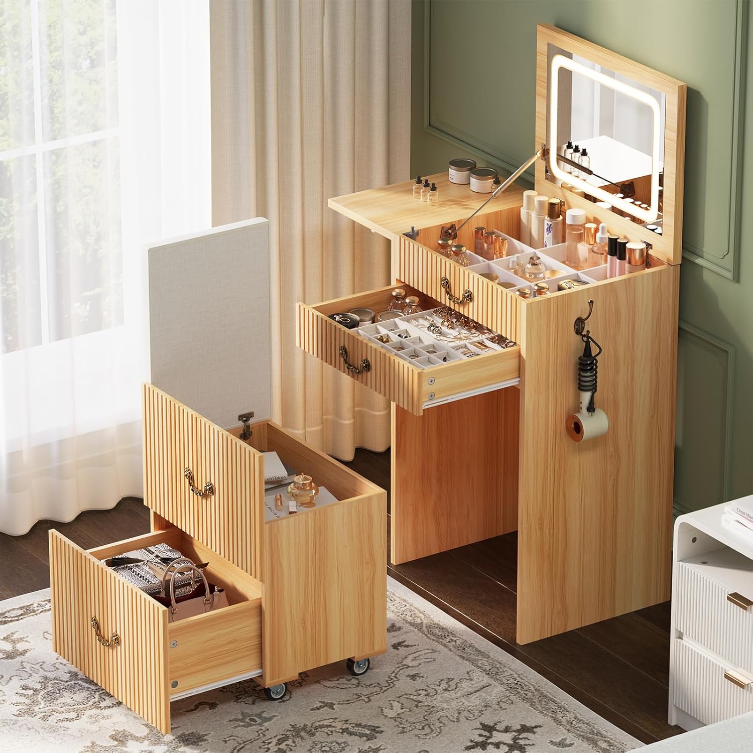 FURSUN 3-in-1 Vanity with Flip Mirror & Lights, Fluted Compact Vanity Table with 3 Drawers, Storage Compartment and Rolling Stool, Modern Small Makeup Vanity for Bedroom, Powder Room, Natural Oak