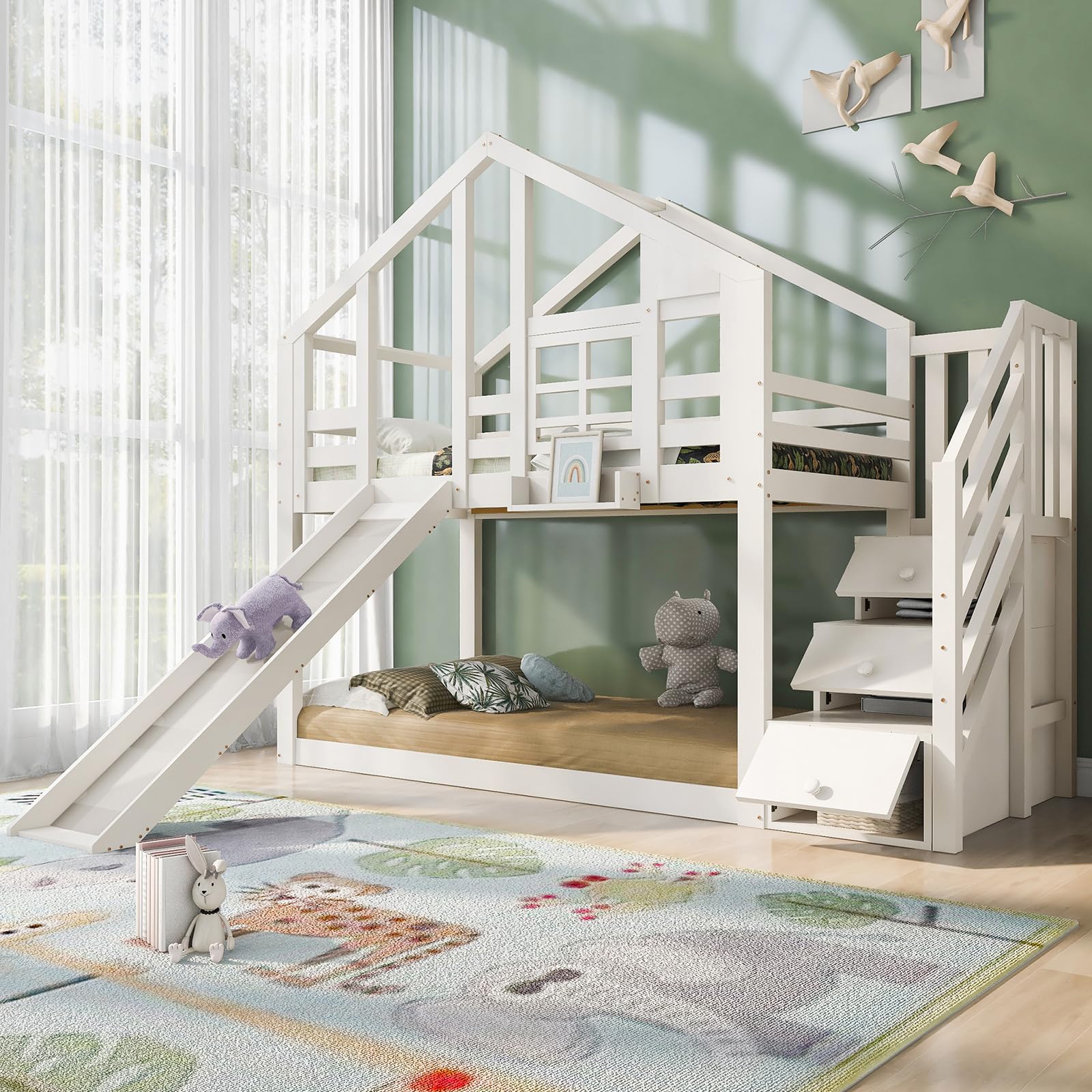 Lit Enfant, lit superposé, lit Triple, 90 x 200 cm, avec Toboggan et échelle, Toit au Design Unique, lit supérieur avec Espace de Rangement, pin et MDF (Blanc-C, 90×200 CM)