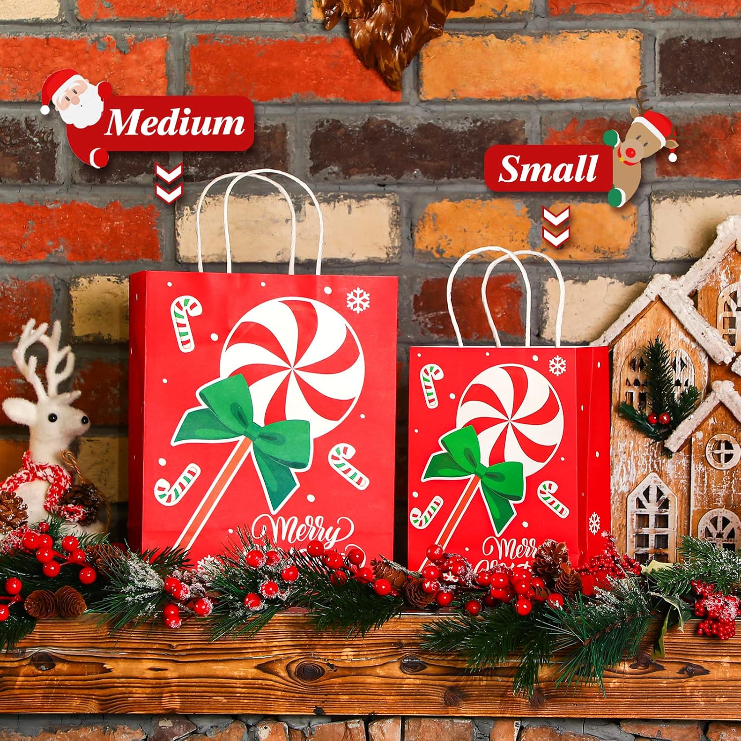 Censen 24 Pcs Medium Christmas Gift Bags with Tissue Paper Xmas Kraft Paper Goodie Bags with Handle Bulk for Christmas Gift Wrapping Holiday Party Supplies 10 x 8 x 4''(Santa Elk)