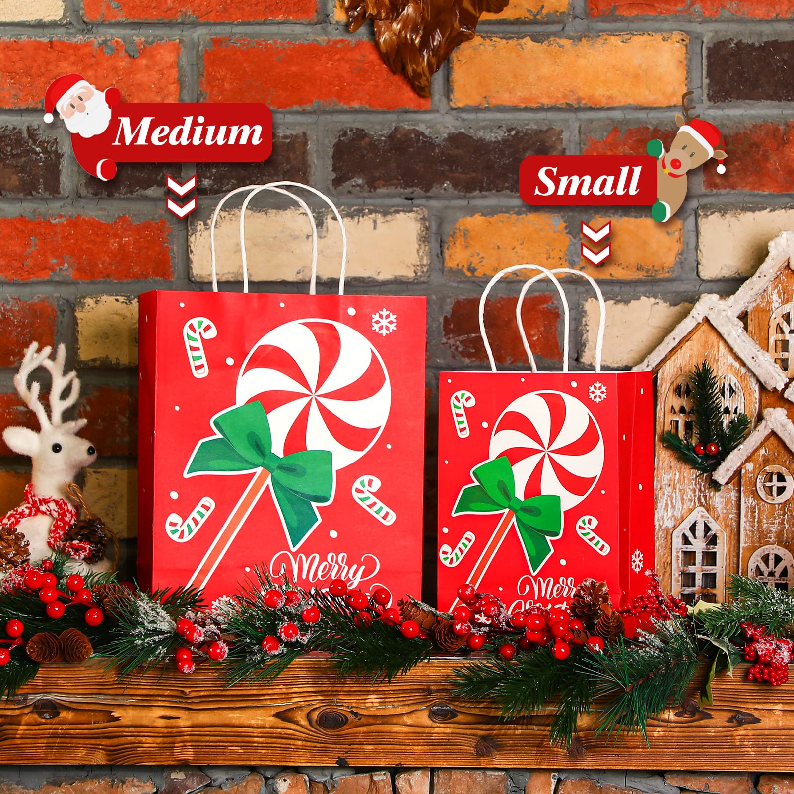 Censen 24 bolsas medianas de regalo de Navidad con papel de seda, bolsas de regalo de papel kraft con asa a granel para envolver regalos de Navidad, suministros de fiesta de vacaciones, 10 x 8 x 4
