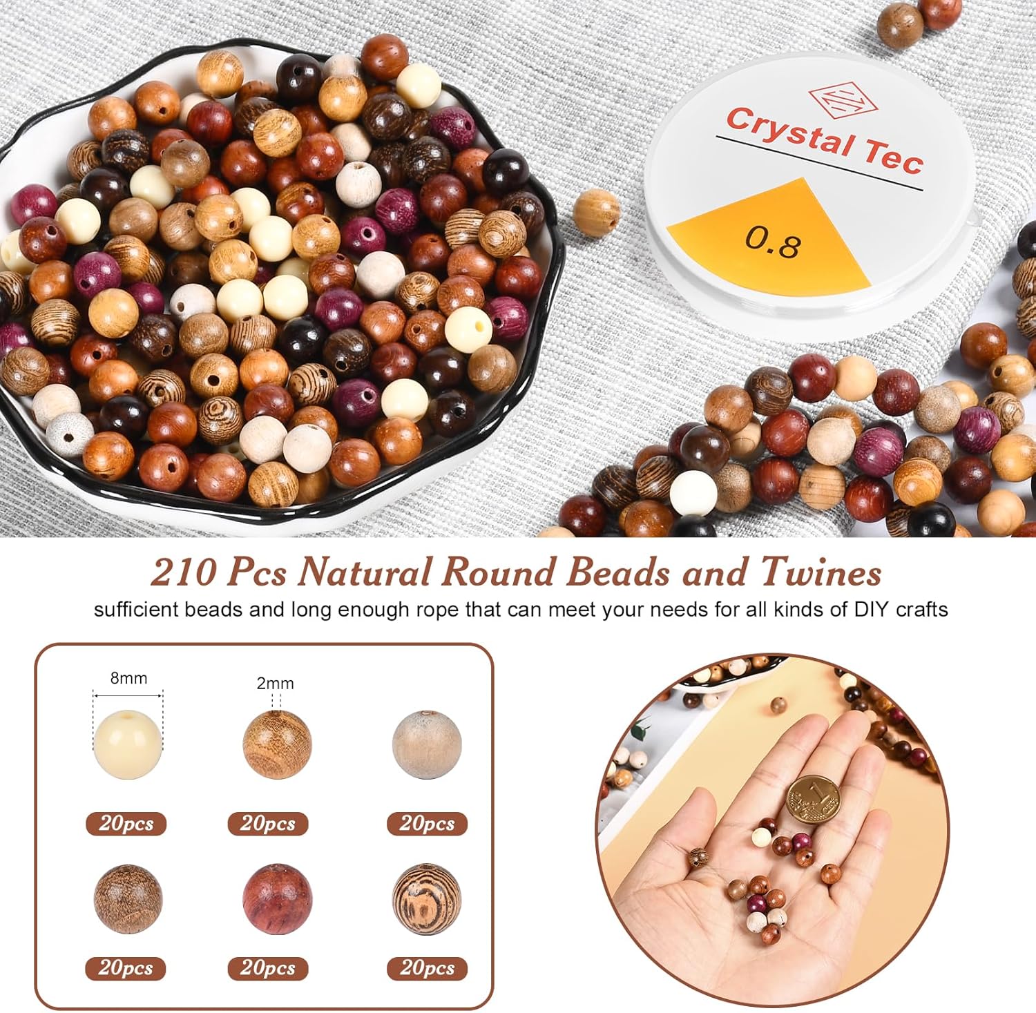210pcs Wooden Beads for Crafts, Vintage Round Natural Wood Hair Bead, Wood Beads for Jewelry Making，Beads for Crafts，8mm Colorful Loose Spacer for Macrame Necklace Bracelet DIY Handmade Decor - Image 4