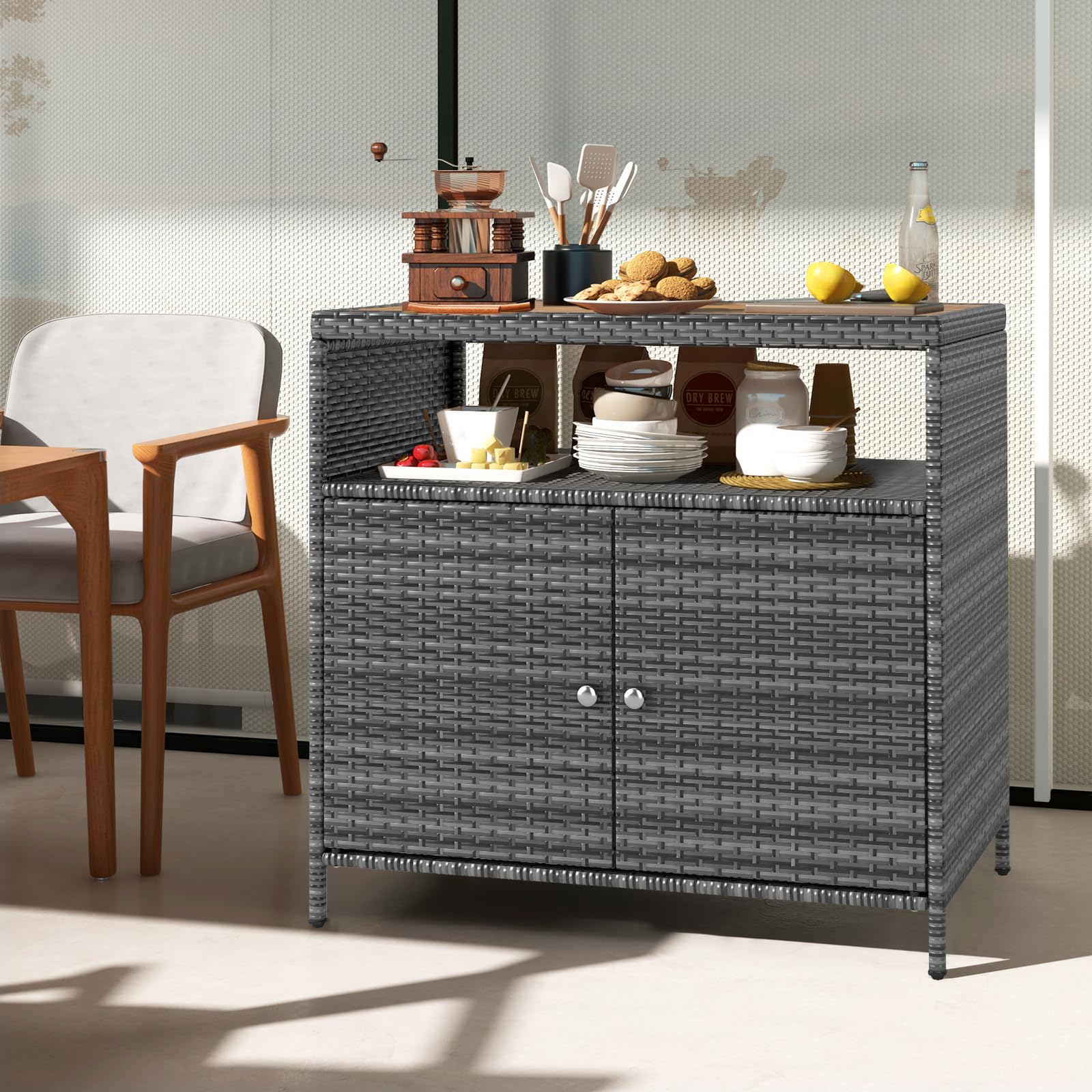 LIFEZEAL Buffet 4 Niveaux Rotin PE Armoire Bois d'Acacia Rangement Extérieur Intérieur 2 Portes 90x53x86 cm Gris