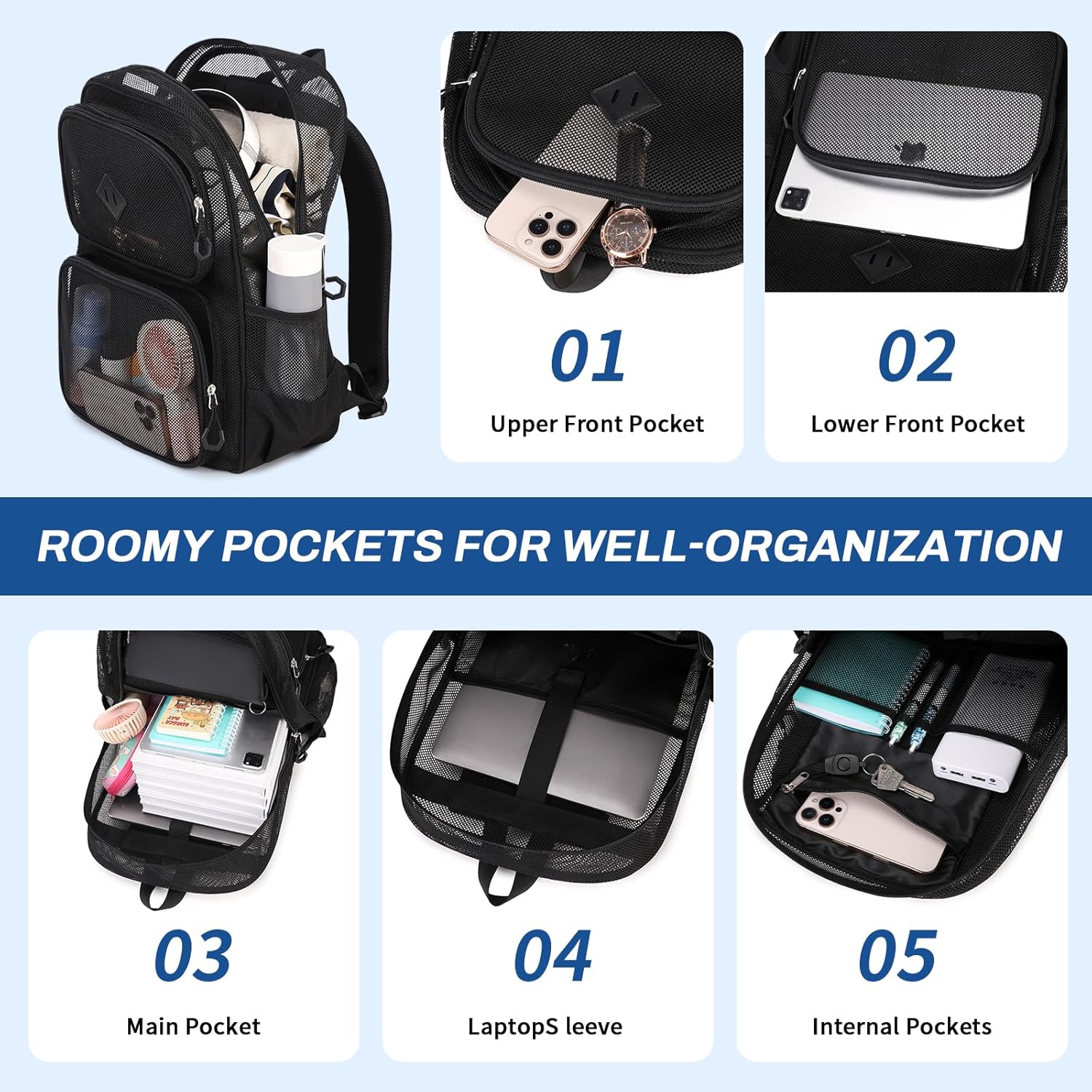 Mesh Backpack for Girls Boys Kids, Heavy Duty Mesh Bookbag, Net Backpack See Through for School,Beach,Swimming,Work,Travel (Black) - Image 4