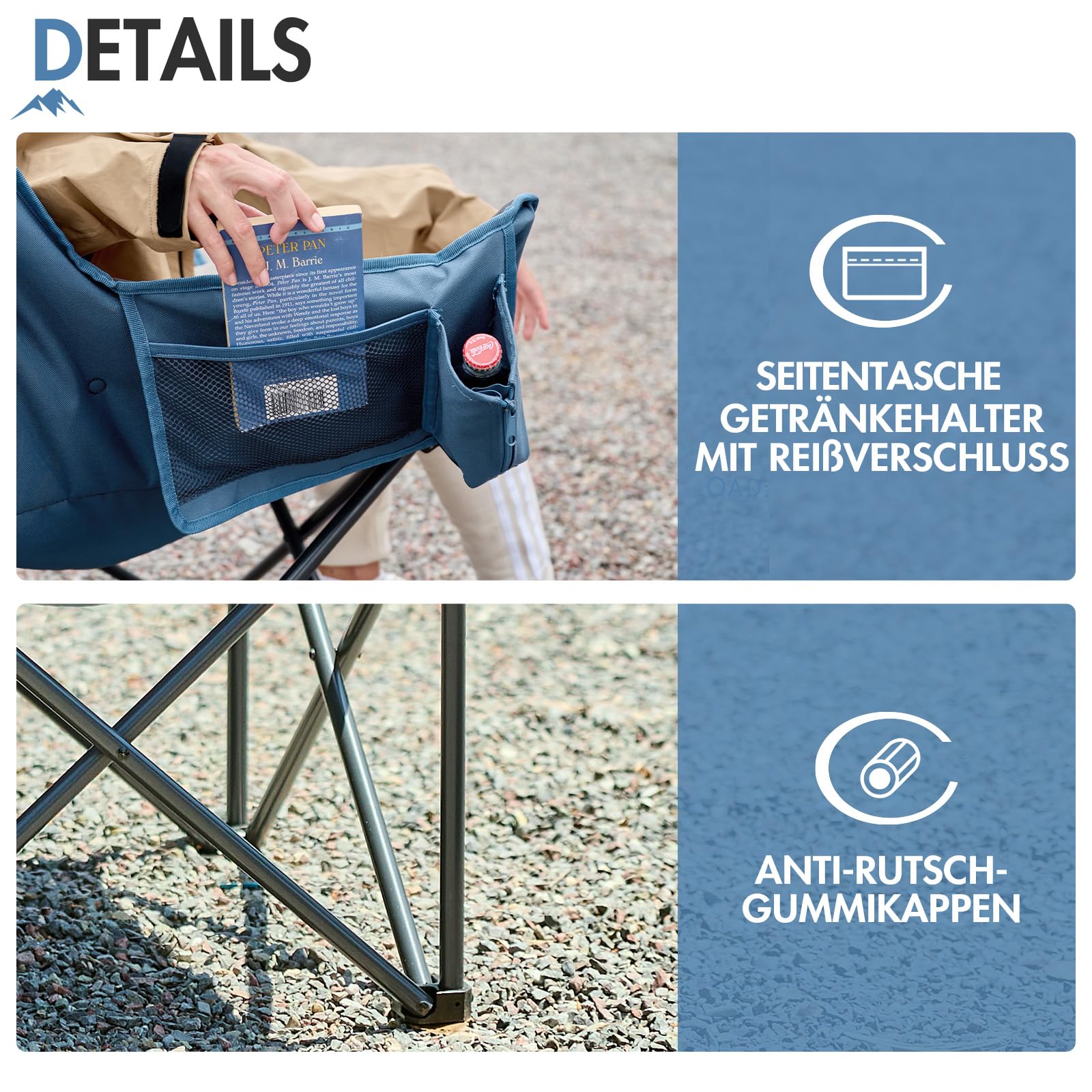 Portal Campingstuhl Faltbar Klappstuhl Camping Klappbar Super Weich 150kg Belastbar Faltbarer Angelstuhl XXL mit Armlehnen