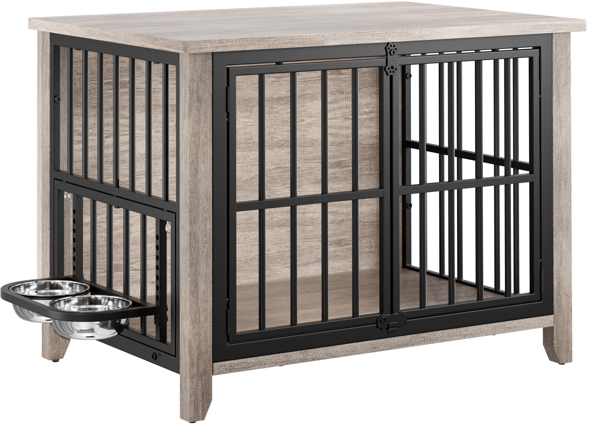 Lulive Dog Crate Furniture, Wooden Dog Kennel Indoor with Adjustable 360°& Height Dog Bowls, Double Doors Furniture Dog Crates End Table for Small/