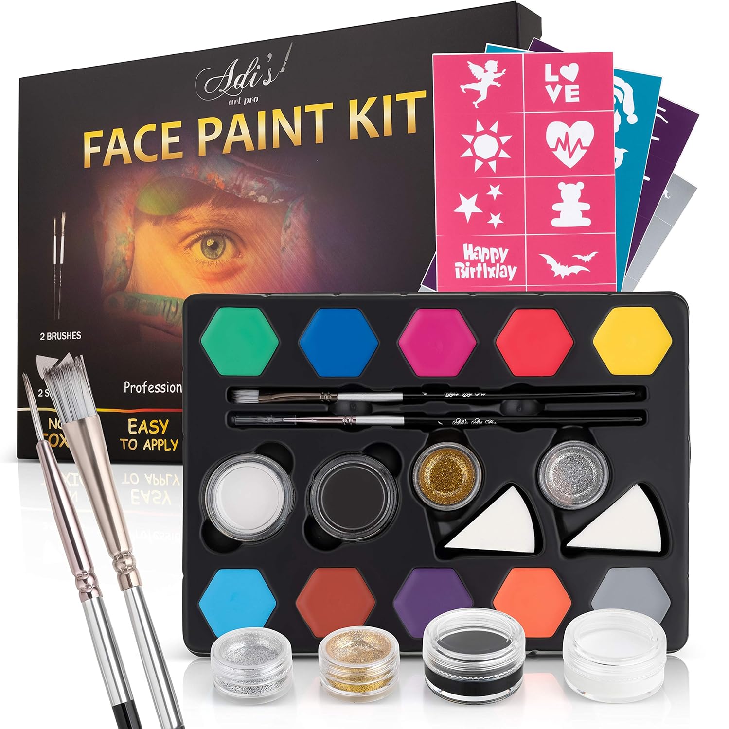 Kit de pintura facial para niños - 58 piezas Set con base de agua - Secado rápido - Pinturas para pieles sensibles no tóxicas - Brillos -