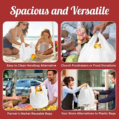 Miniatura 5 de Simply Cool Paquete de 50 Bolsas de Compras Reutilizables Ecológicas Tipo Camiseta para Comestibles 21.5"x12.2"x7.2" Duraderas, Reciclables,