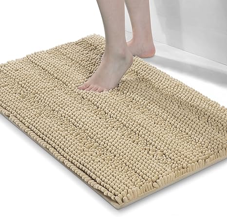Amazon Com Grandaily Chenille Striped Bathroom Rug Mat Extra Thick And Absorbent Bath Rugs Non Slip Soft Plush Shaggy Bath Carpet Machine Wash Dry Bath Mats For Tub Shower And Bath Room 17x24 Beige