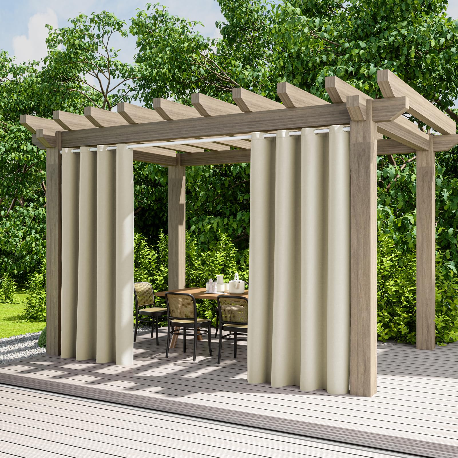 Wasserdichte Outdoor-Vorhänge mit Ösen, Sicht- und Sonnenschutz, wetterbeständig, durchsichtige Vorhänge für Garten, Terrasse, Balkon, 2 Stück, 100 x 140 cm, Cremefarben