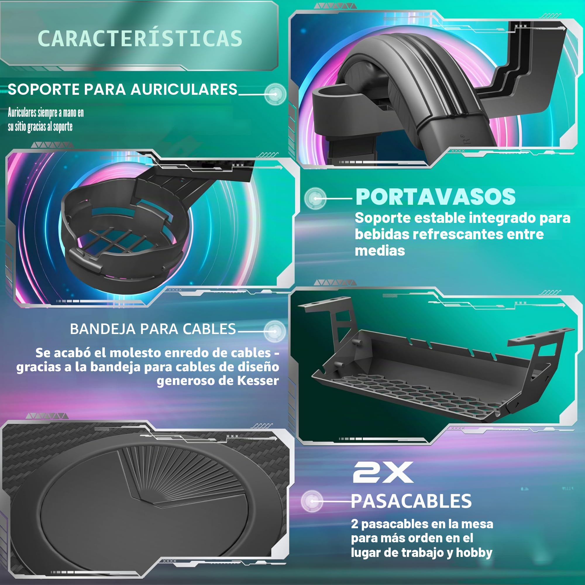 KESSER® Mesa Gaming | 120 x 60 cm | Incl. LED | Escritorio para Gamer en Forma de Z | Soporte para Auriculares | Mesa ergonómica para Ordenador | Incl. Alfombrilla de ratón y Soporte
