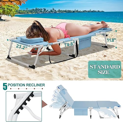 Vista 33 de DoCred Sillón plegable con colchón, cama plegable ajustable de 5 posiciones, tumbona perfecta para tomar el sol, campamento, piscina, playa, patio