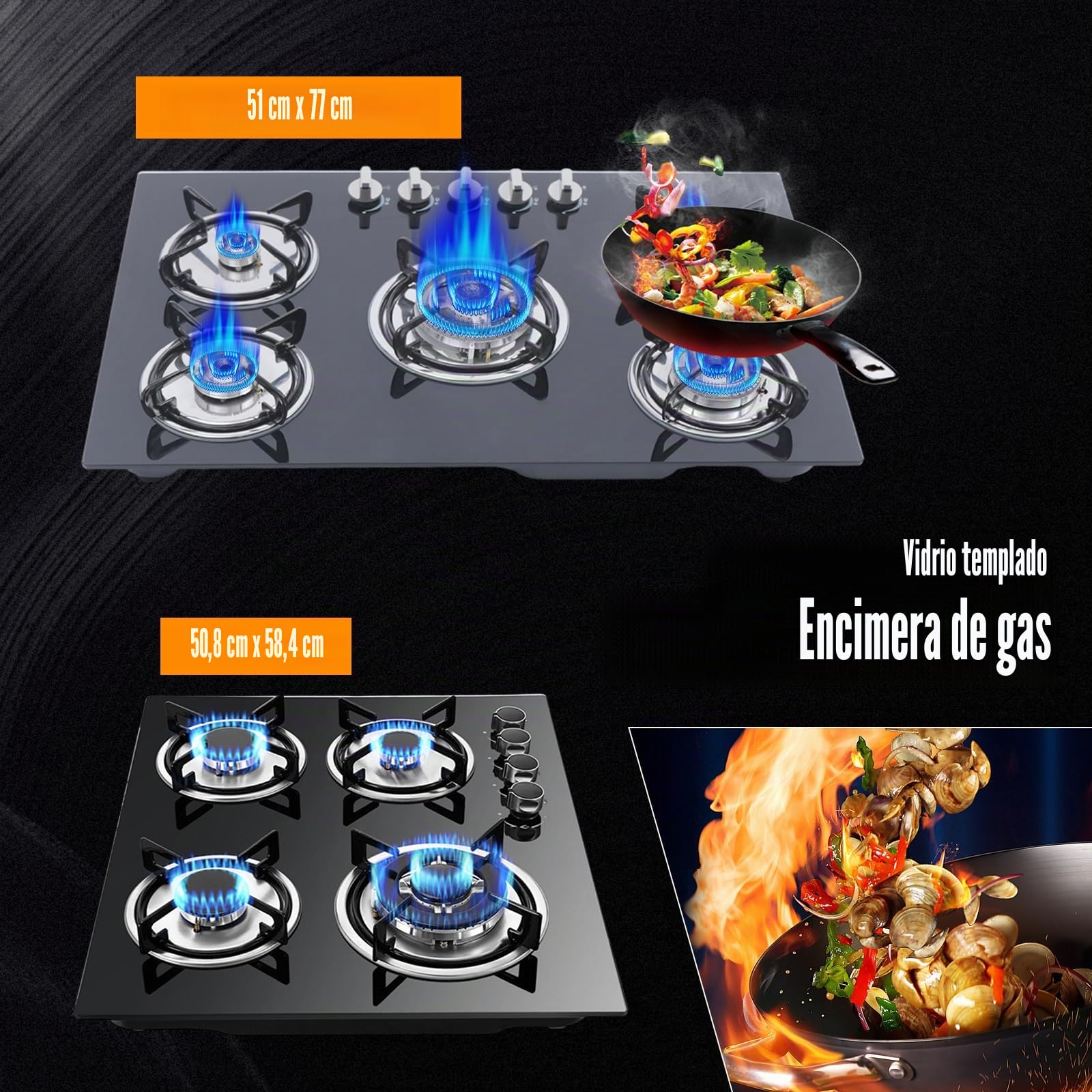 Cocina de gas con 5 fuegos, empotrable, cristal templado, 5 zonas, gas natural, 77 cm, con protección automática de llama para uso doméstico, color negro