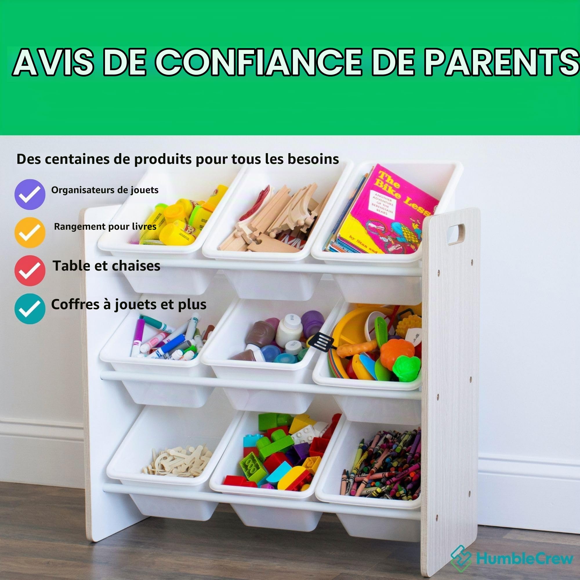 Humble Crew Étagère pour Enfants, Étagère et Organisateur de Jouets avec 9 boîtes de Rangement, chêne délavé/Blanc