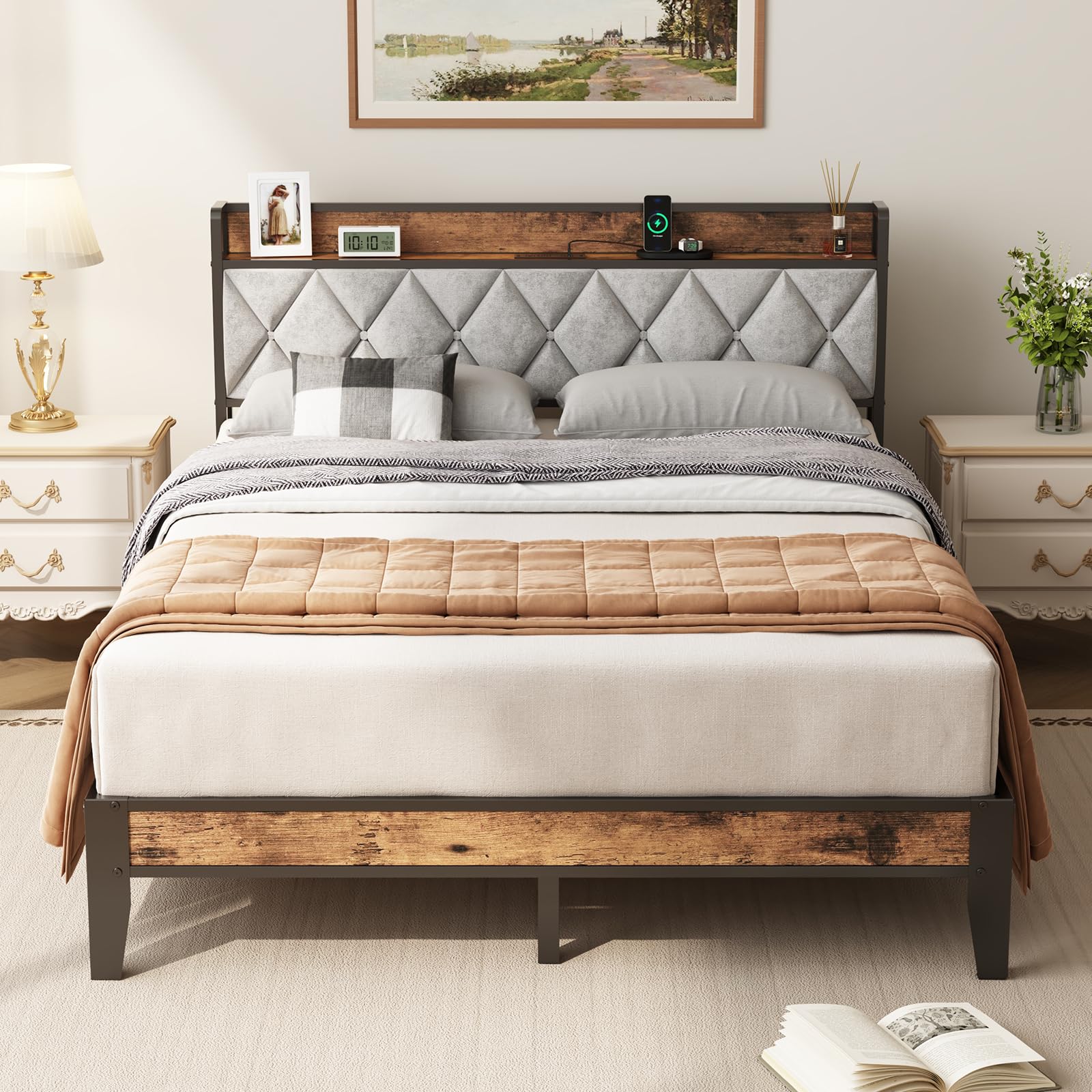 NEWBULIG Queen Bed Frame with Headboard, Platform Storage Bed with USB Charging Station, No Tool Assembly, Squeak-Free Strong Metal Frame, No Box Spring Needed