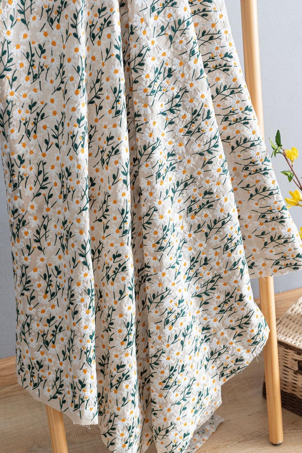 3D Daisy Embroidery Cotton Linen Fabric by The Yard for Sewing DIY Clothes Dress Tablecloth Bag Cushion (Beige,47.2" x 78.7")