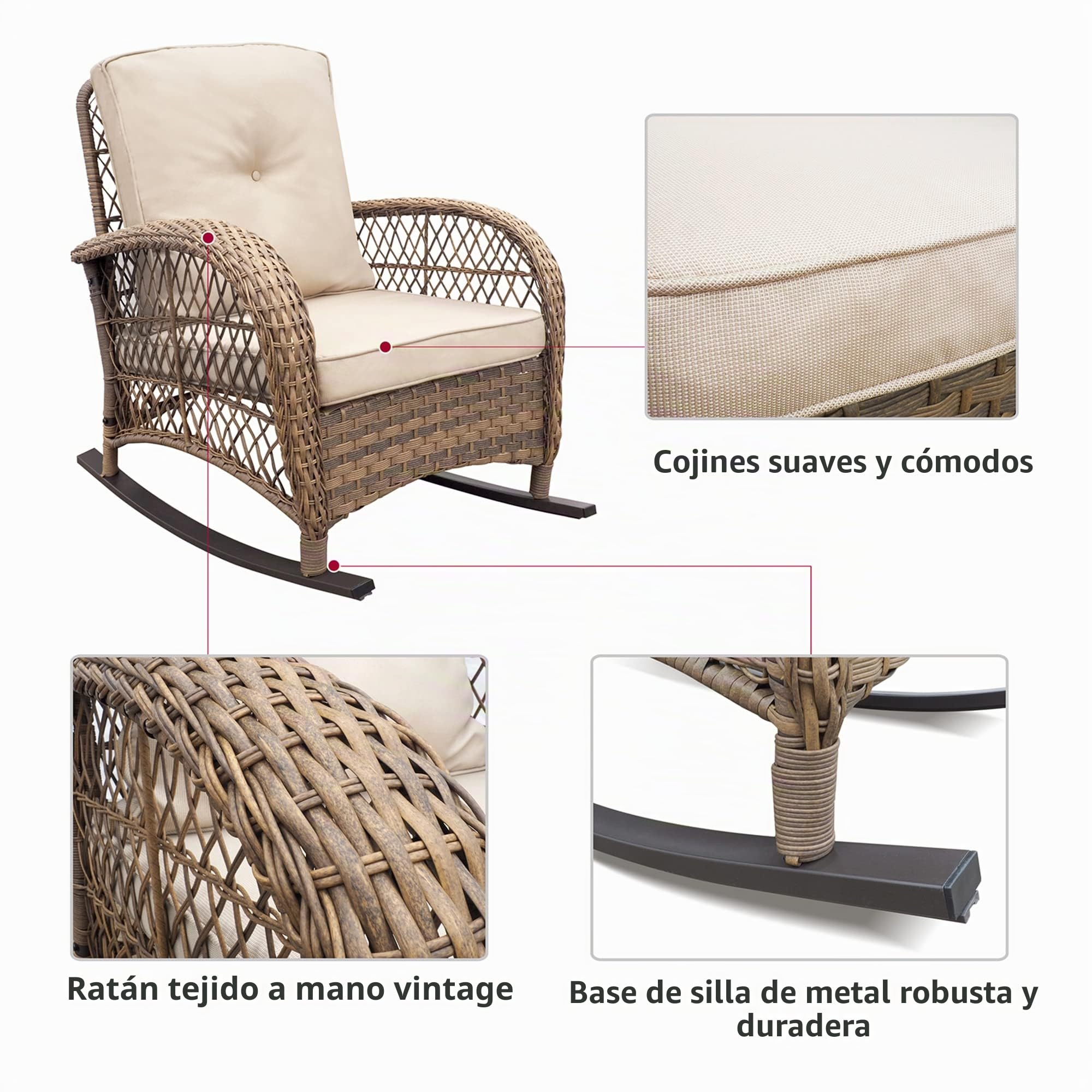 ATR Art TO Real Juego de 3 mecedoras de jardín, Juego de Muebles de conversación de ratán para Patio con Mimbre Tejido a Mano de Resina, Juego de 2 mecedoras y Mesa de café de Vidrio Templado