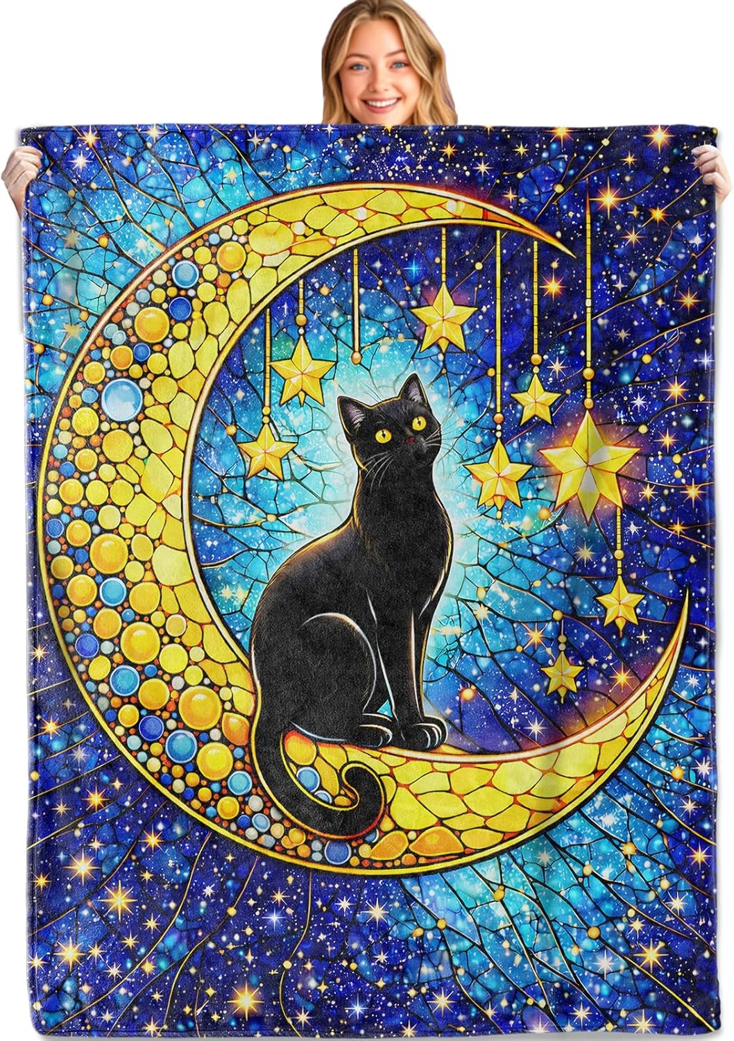 Mystical Black Cat Moon Blanket Soft Lightweight, Stained Glass Fantasy Style Flannel Throw Blankets for Couch Sofa Camping Office Travel Home Bedroom Decor, Kids Women Gifts 60"X50"