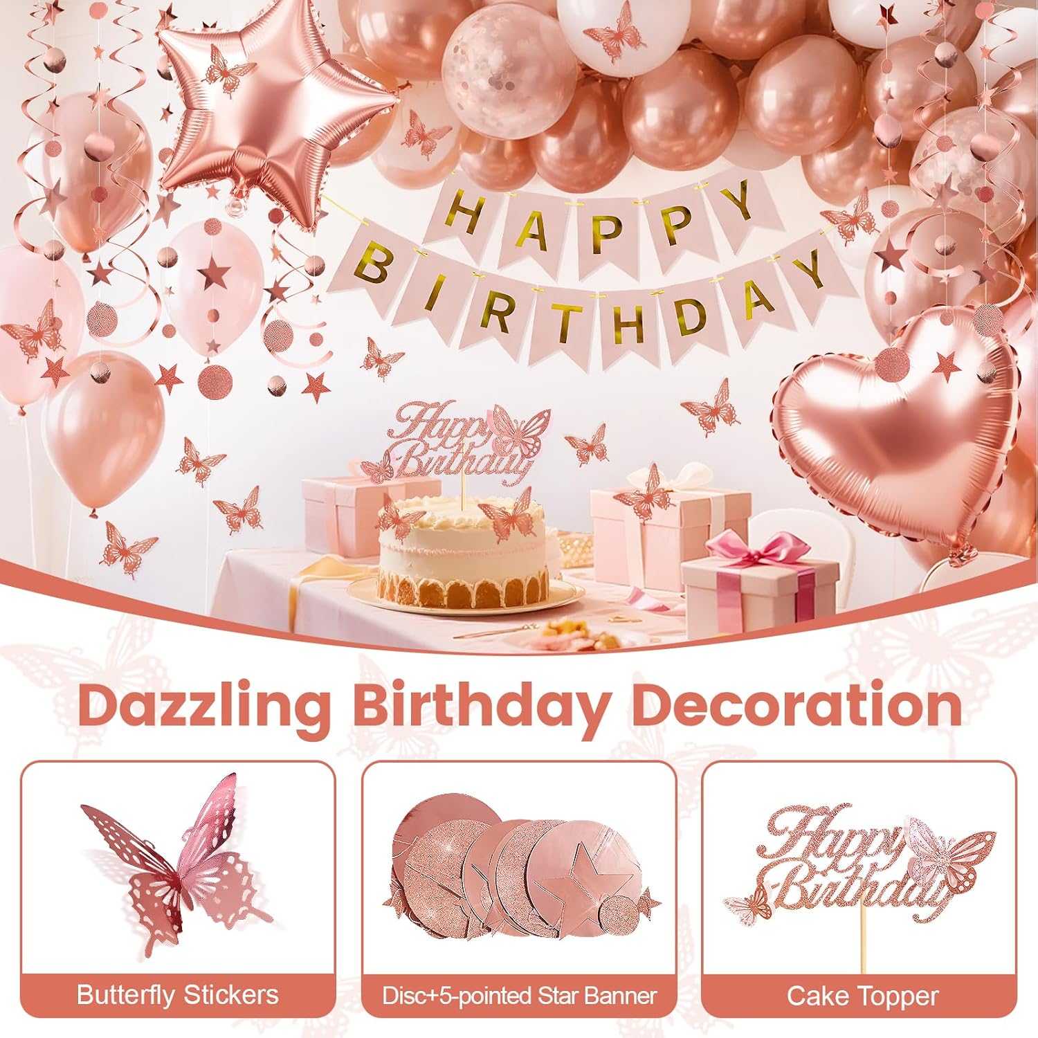 22nd Birthday Decorations for Women, Rose Gold 22 Birthday Party Decorations Include Heart Star Foil Confetti Balloons, Rose Gold Fringe Curtain, Hanging Swirls - Image 6