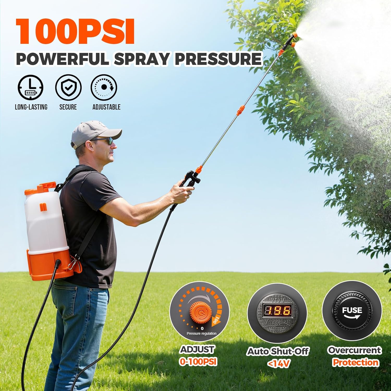 Battery Powered Backpack Sprayer 3.2 Gallon, 100 PSI Electric Backpack Sprayer, Compatible with DeWalt 20V Battery, 0.9 GPM High Flow Garden Sprayer with 2 Wands & 5 Nozzles for Lawn Yard