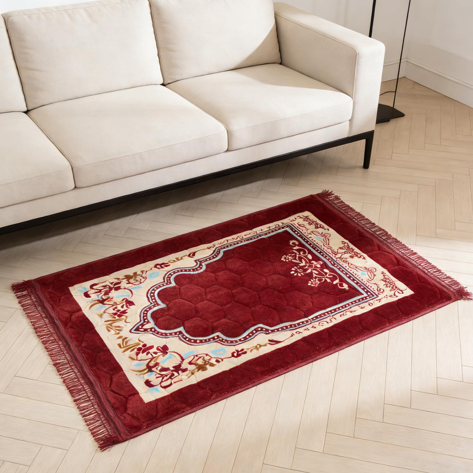Tappeto da Preghiera Musulmano Rosso Imbottito Spesso,80x120cm | Tappeto da Preghiera in Flanella con Frange,Morbido Janamaz,Sajadah Islamico,Regalo Ramadan Eid Mubarak,per l'Eid,Ramadan