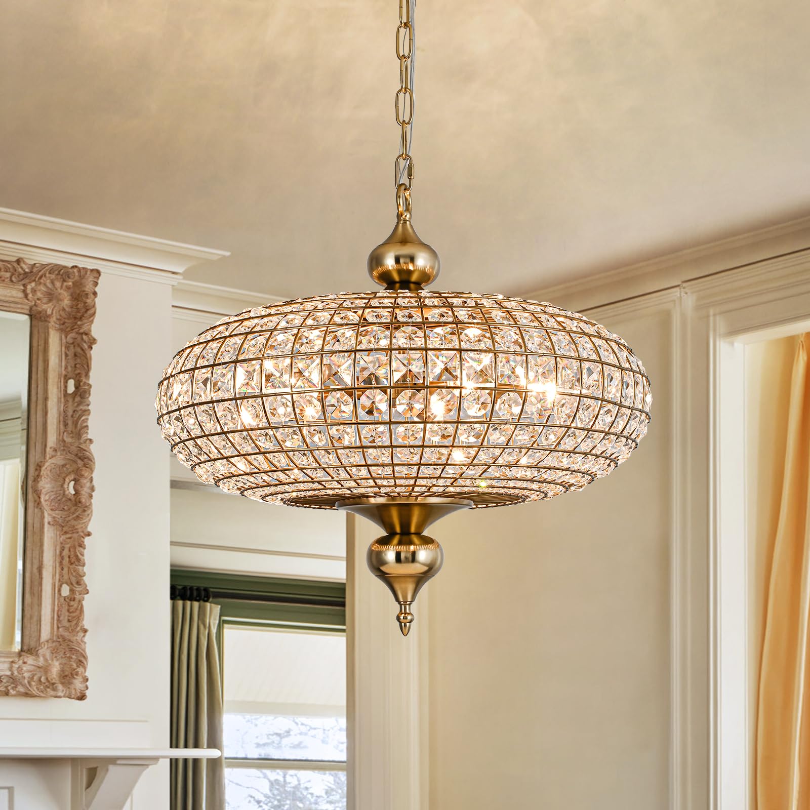 HUOKU Antique Brass Crystal Chandelier