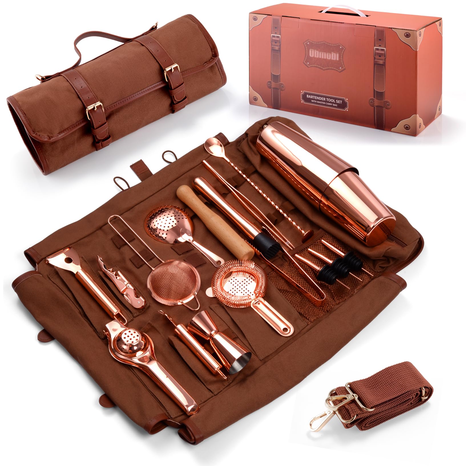 Ensemble De Shaker à Cocktail 7 Pièces – Kit Barman Avec Support, Shaker Martini 24 Oz, Finition Cuivrée Brossée