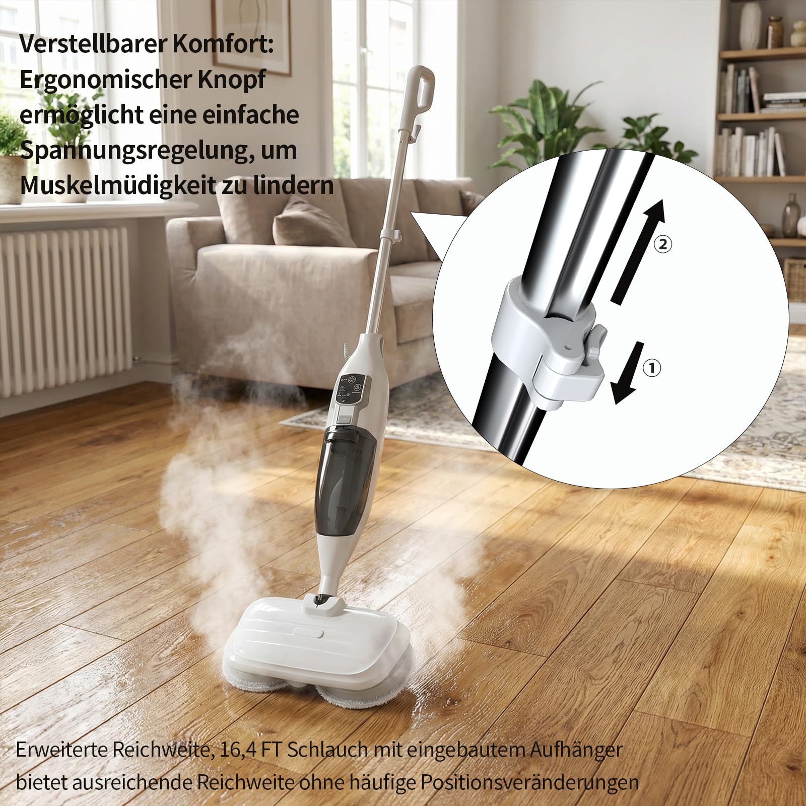2-in-1 Dampfreiniger Mop mit Handgerät, 30s Schnellaufheizung, 4 Mikrofaserpads, Für alle Hartböden und Teppiche,entfernt 99,9%,weiß