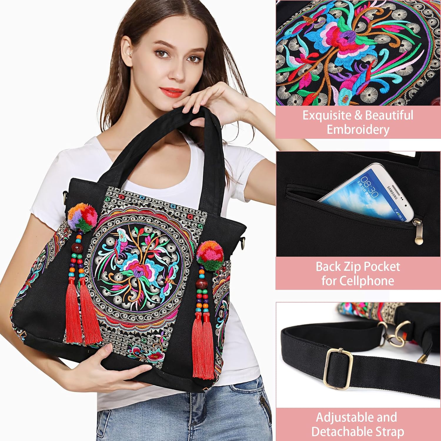 Embroidered Tassels Tote Shoulder Bag Casual Canvas Handbag Cross Body Bag One_Size - Image 2