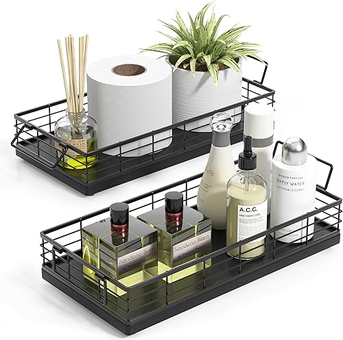 Vista 15 de Cesta de papel higiénico, 33 cm de roble y hierro, bandeja para la parte superior del tanque del inodoro, organizador de artículos de aseo para Negro