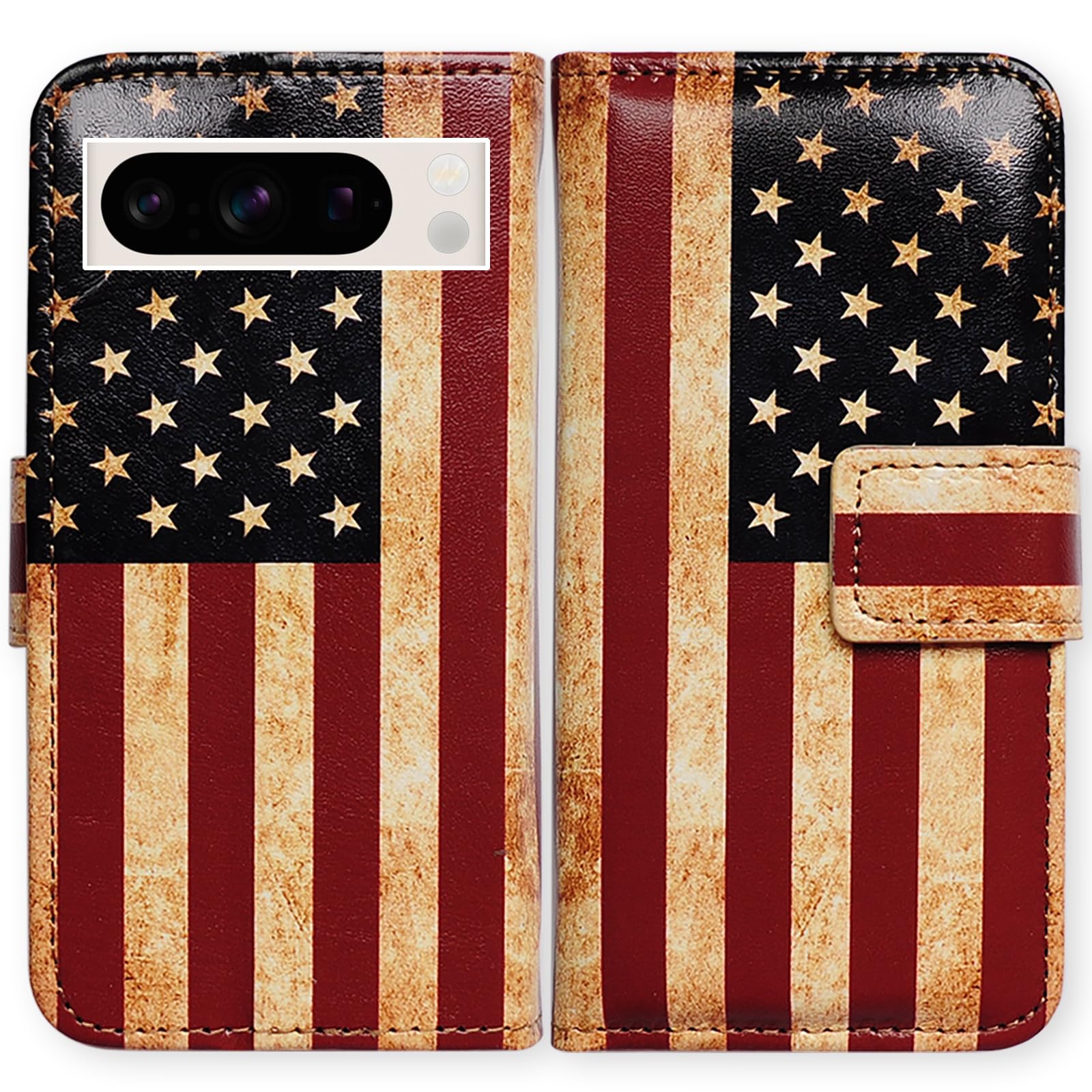 Bcov Pixel 8 Pro Case,Retro American Flag Leather Flip Phone Case Wallet Cover with Card Slot Holder Kickstand for Google Pixel 8 Pro