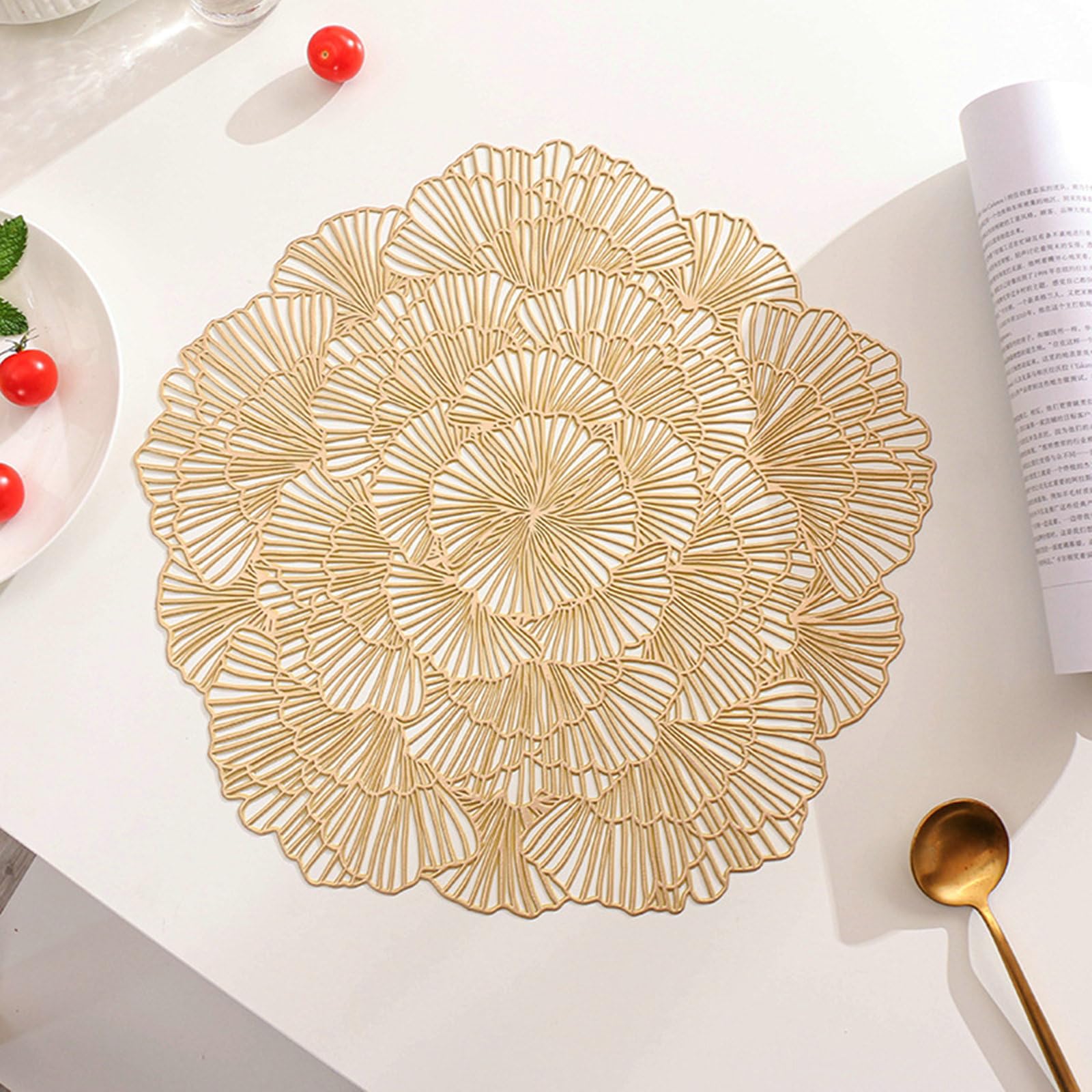 Juego de 10 manteles individuales de mesa, lavable, PVC, redondo, redondo, hueco, de estilo europeo, antideslizante, resistente al desgaste al calor, oro, 38 cm