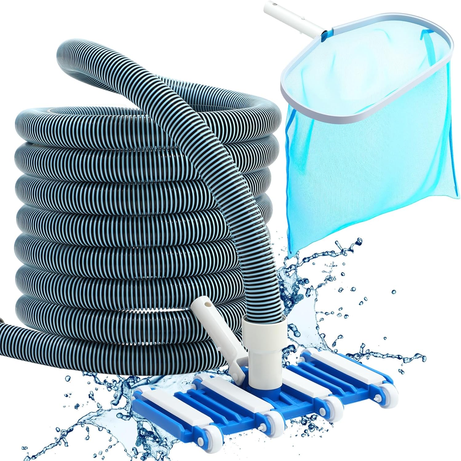 14 Swimming Pool Vacuum Head with Wheels 1-1/4 x 18ft Flexible Vacuum Hoses and Skimmer Net Swimming Pool Cleaner Equipment for Above Ground and Inground Cleaning Supply