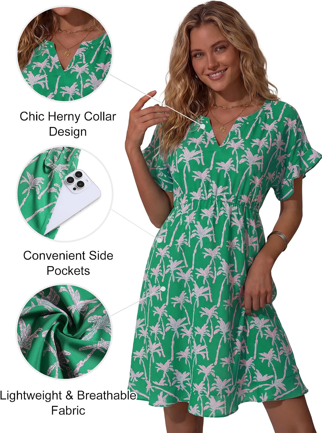 HUHOT Women's Swimsuit Coverup Casual Henley Neck Beach Dress Short Sleeve Elastic Waist 2026 Beachwear