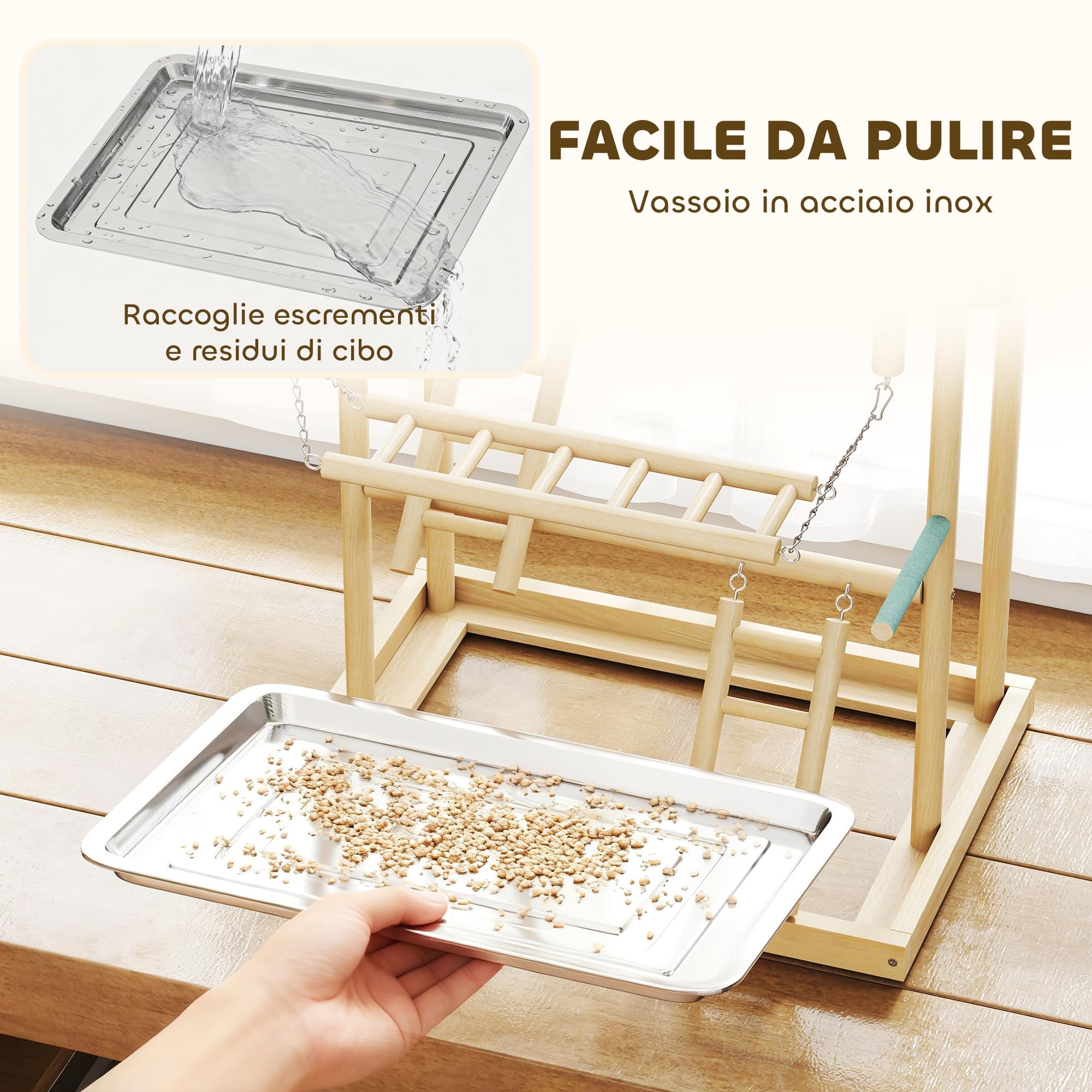 PawHut Trespolo per Pappagalli, Parco Giochi per Uccelli con Scale, Catene, Ciotole, Vassoio Rimovibile e Posatoi, per Parrocchetti, Cocorite e Conuri, Legno Naturale