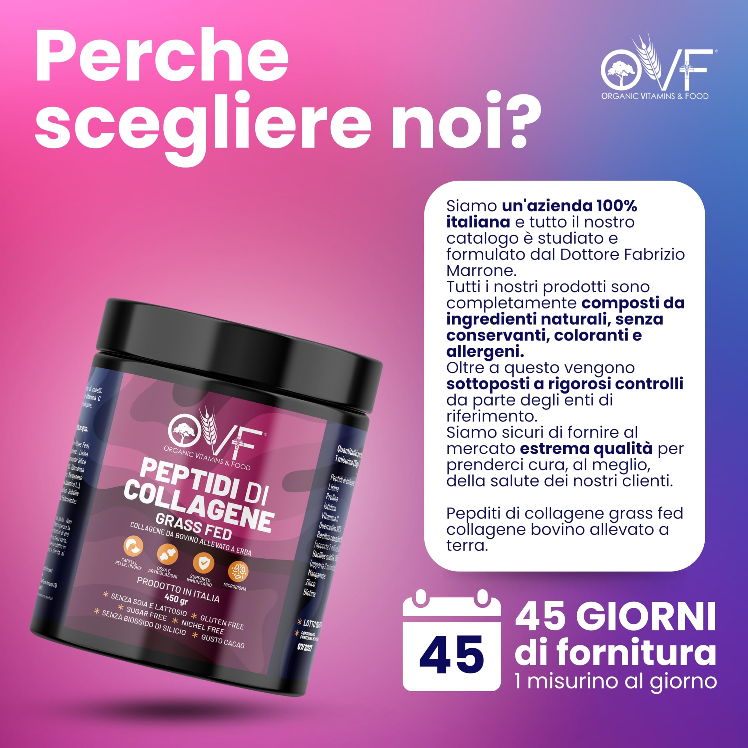 OVF Peptidi di Collagene Idrolizzato (grass Fed) - Supporto Articolazioni e Pelle - Integratore 450g Collagene Puro con Biotina, Quercetina, Vitamina C e Zinco - Made in Italy
