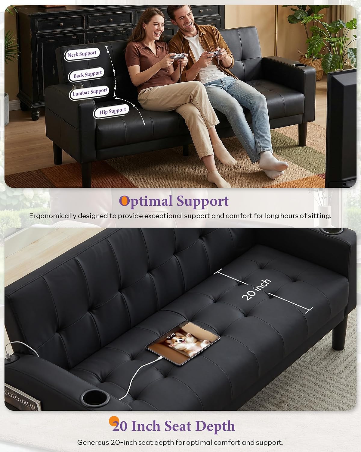 TYBOATLE Sofa Couch 62" W Loveseat w/ 2 USB Charger Ports & 2 Cupholders, Mid-Century Modern Black LeatherTufted Small Love Seat Couches for Office,Compact Living Room,Bedroom,Apartment,Dorm (2)