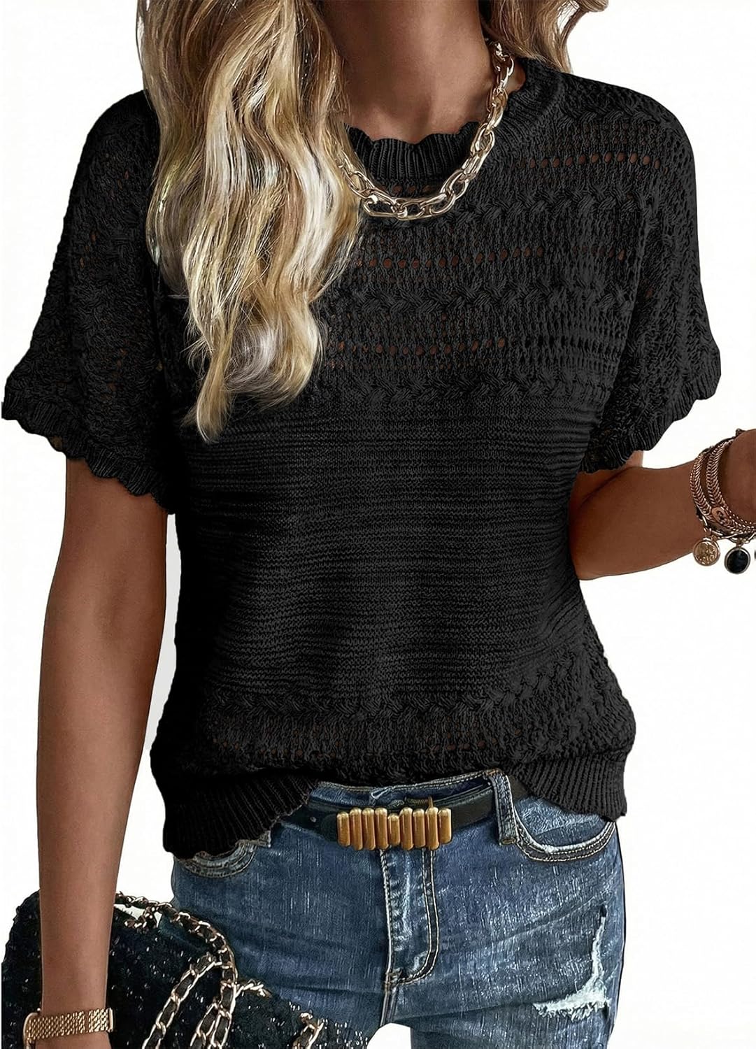 Acelitt Womens Short Sleeve Knit Sweater Tops, S-XXL