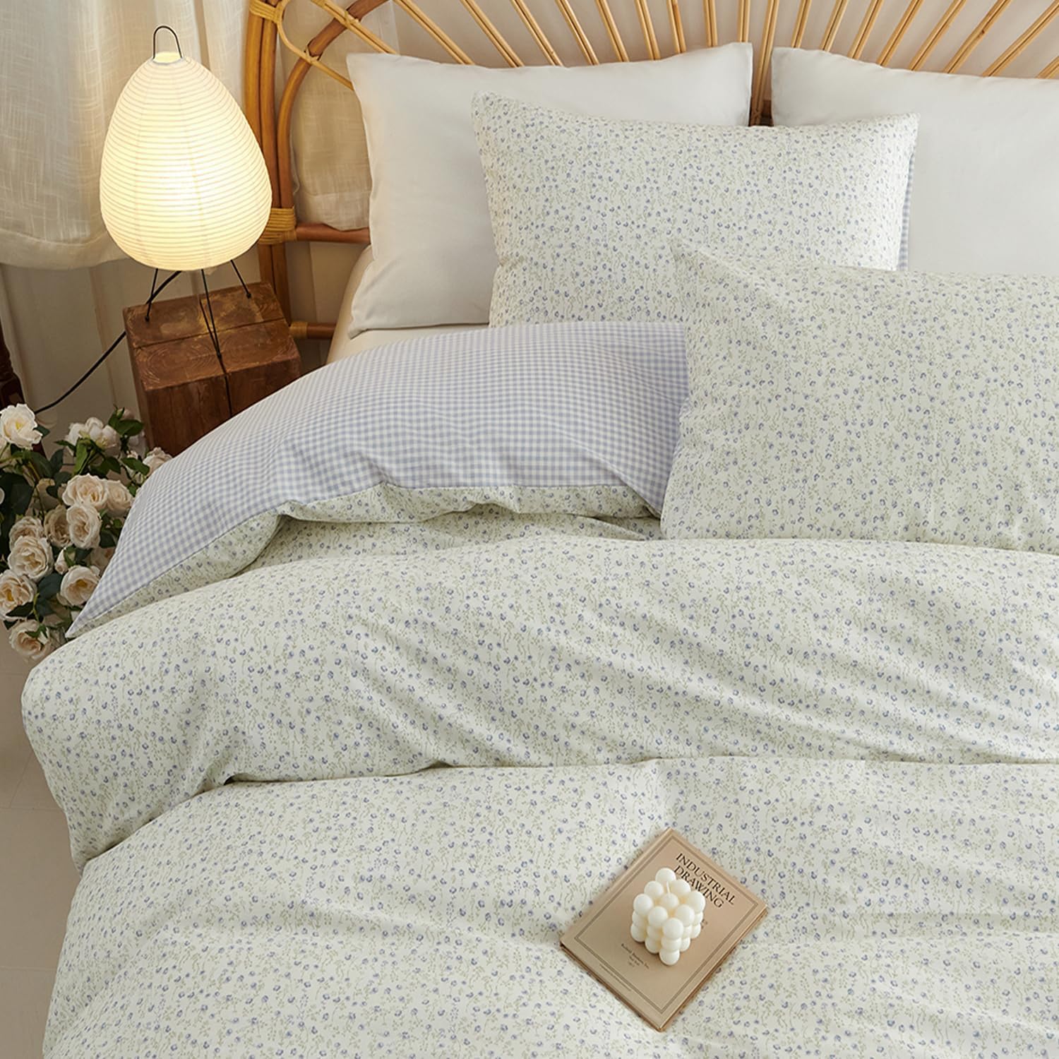 Nayoroom Blue Floral Gingham Duvet Cover Queen Size 100% Cotton Reversible Plaid Cottagecore Bedding 3 Pcs Soft Breathable Aesthetic Spring Comforter Cover Gift for Women Girls - Image 2