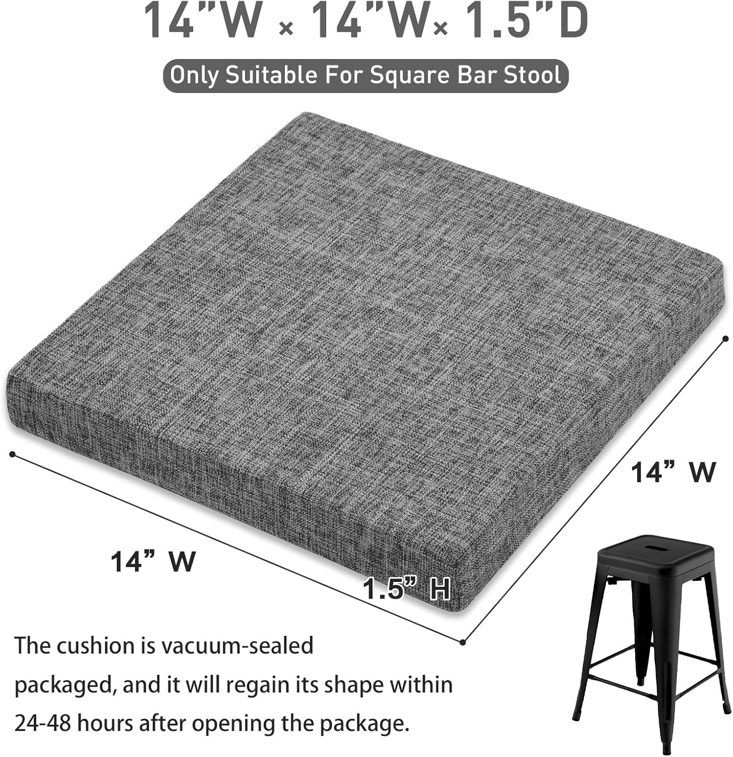 baibu 14 Inch Memory Foam Non Slip Stool Cushion Square Set of 2, Dual-Layer Design Bar Stool Cushions with Ties Square Chair Pad for Stackable Kitchen Stools, Grey (14'' (35CM))