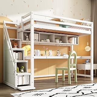 Jtyca Bunk Bed with Desk and Shelves, Loft Bed with Storage Stairs and Slatted Frame, 3FT6 Wooden Bed Frame for Kids Bed, 90 x 190cm, White, (Without Mattress)