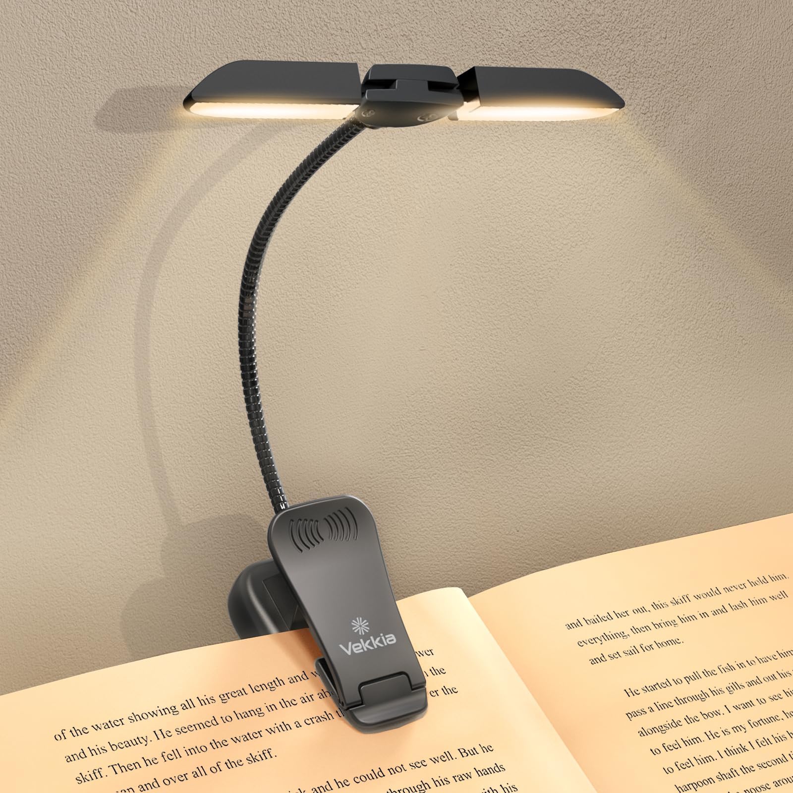 Vekkia 14 LED Rechargeable Book Light for Reading in Bed, Warm/White Reading Light with Clamp, 180° Adjustable Clip on Light, Lightweight Eye Care Book Lamp, Perfect for Book Lovers(New Black)