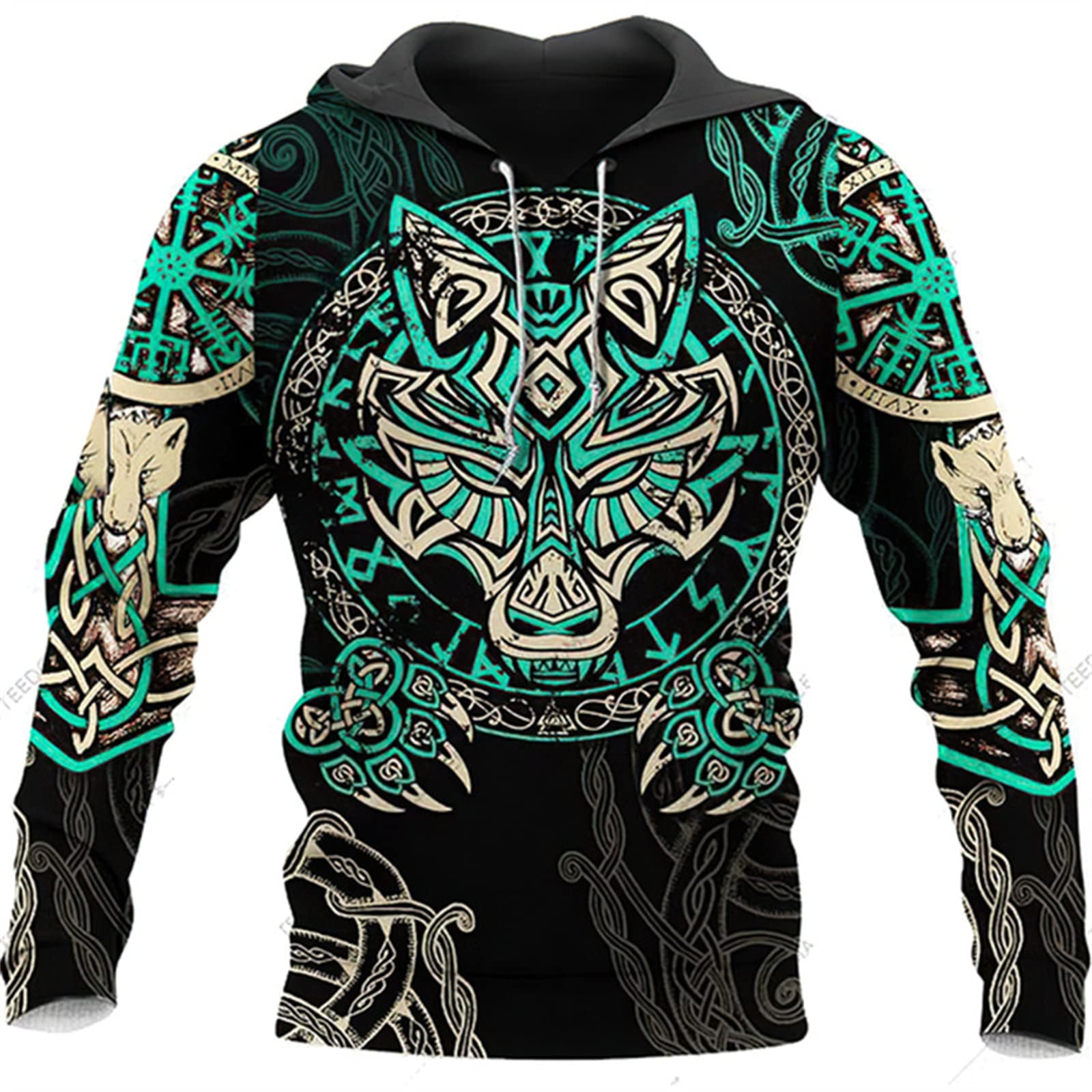 Men's Viking Hoodie Fashion Viking Tattoo 3D Printed Pullover Long Sleeve Sweatshirt Jacket Tops Streetwear