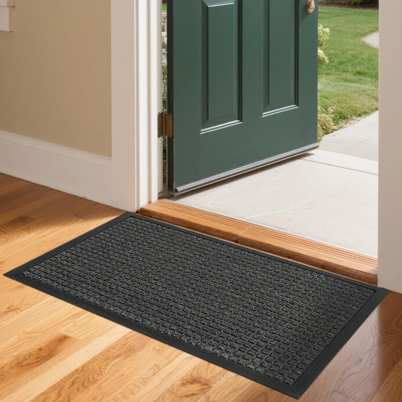 Bonnlo Front Door Mat, Washable Non-Slip Backing Entry Mat Low Profile Doormat, Absorbent Muddy Dirt Resist Welcome Floor Mats for Indoor Outdoor Entrance Porch - 90x60 CM, Grey
