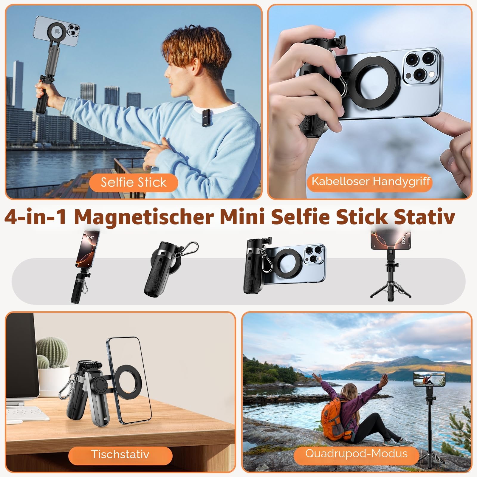 CloudValley Magnetischer Mini Selfie Stick Stativ, 4-in-1 Handy Stativ mit Bluetooth Fernbedienung, 360° Drehung, Faltbarem Griff & Taschenformat, Kompatibel mit iPhone & Android für Vlog/Foto