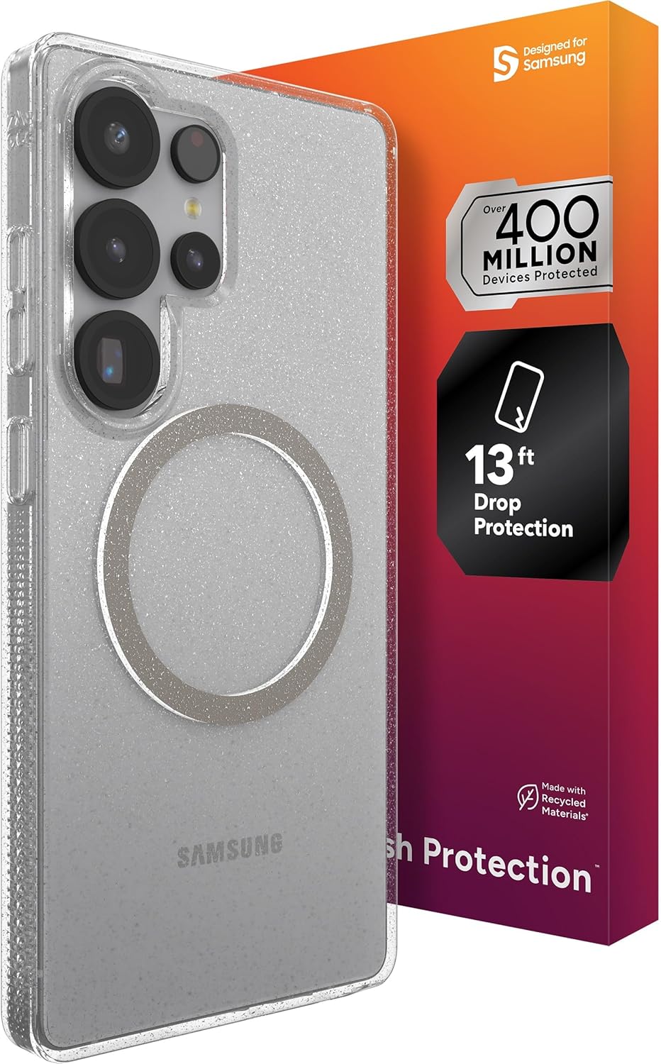 ZAGG Milan Snap Samsung Galaxy S25 Ultra Case – Clear Glitter Design, Slim & Drop Resistant up to 13ft, Fast Wireless Charging Compatible, Stylish Protective Case, Glitter Starlight