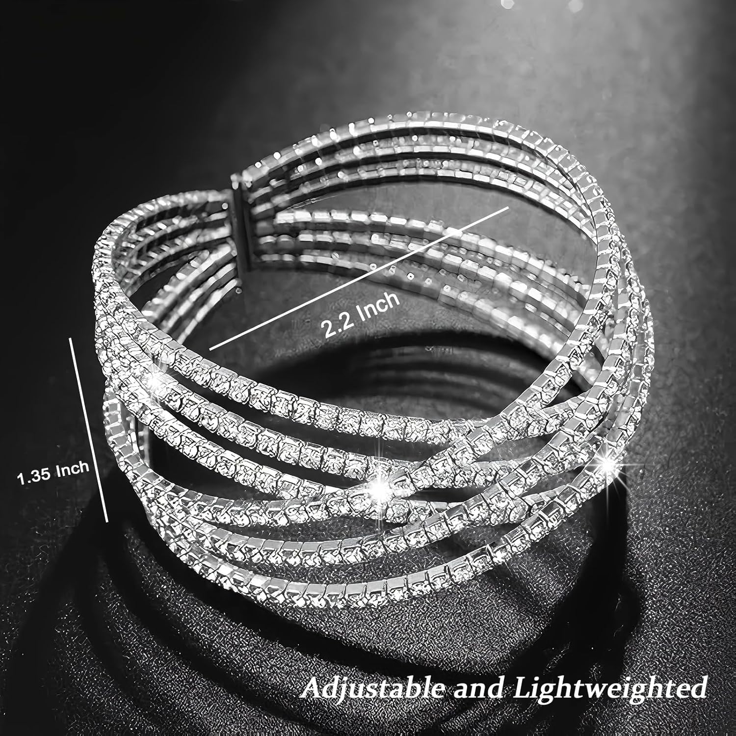 Jojomina MultiLayer Crystal Rhinestone Cuff Bracelet For Women Girls Silver Strand Layered Bridal Bracelet Jewelry for Prom Party Wedding Dating - Image 5