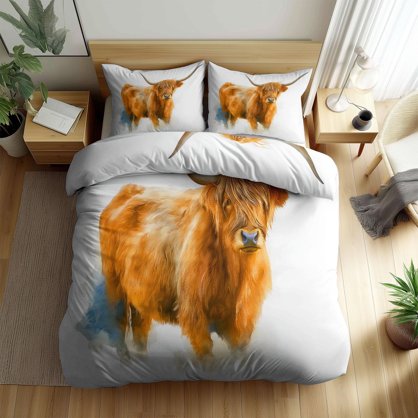 Housse de couette 200x200 vache des Highlands avec 2 taies d'oreiller en microfibre blanche
