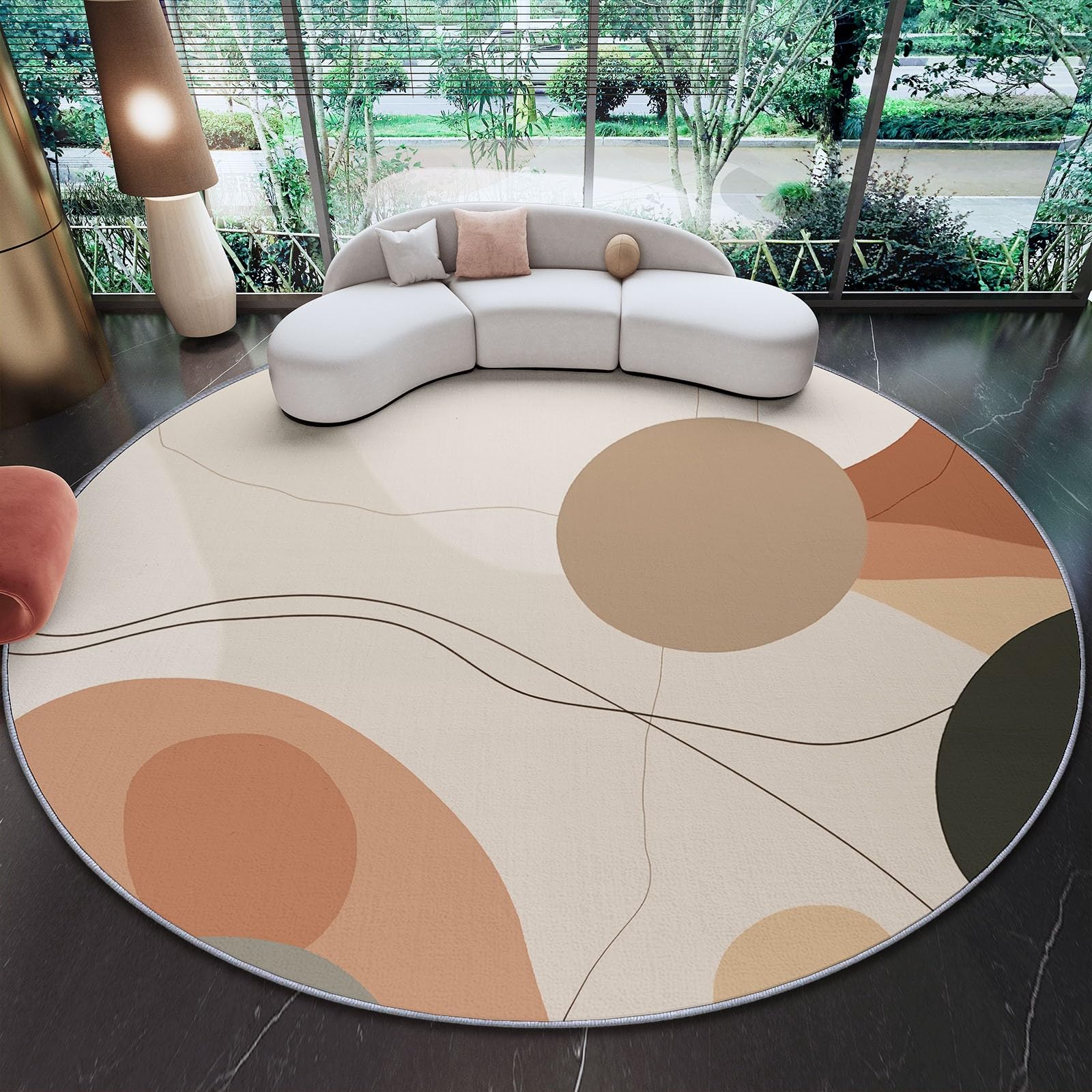 Tapis rond salon 150 cm beige aux motifs de courbes géométriques abstraites